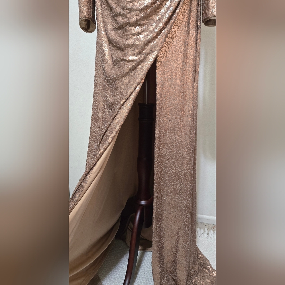 TADASHI SHOJI Alberti Sequin Slit Gown Bronze Size XL - Picture 3 of 14